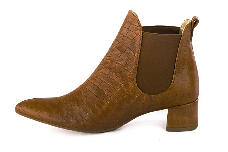 Caramel brown women's ankle boots, with elastics. Tapered toe. Low flare heels. Profile view - Florence KOOIJMAN